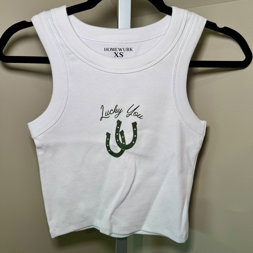 Homewurk Lucky You‎ Horseshoe Graphic Ribbed Crop Tank Top White XS
